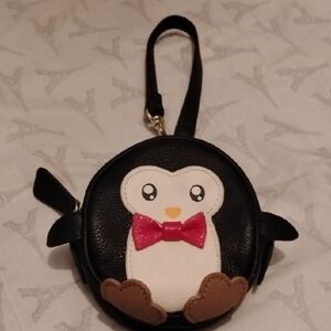 Betsey Johnson Black Penguin Coin Purse Wristlet with Bow Tie